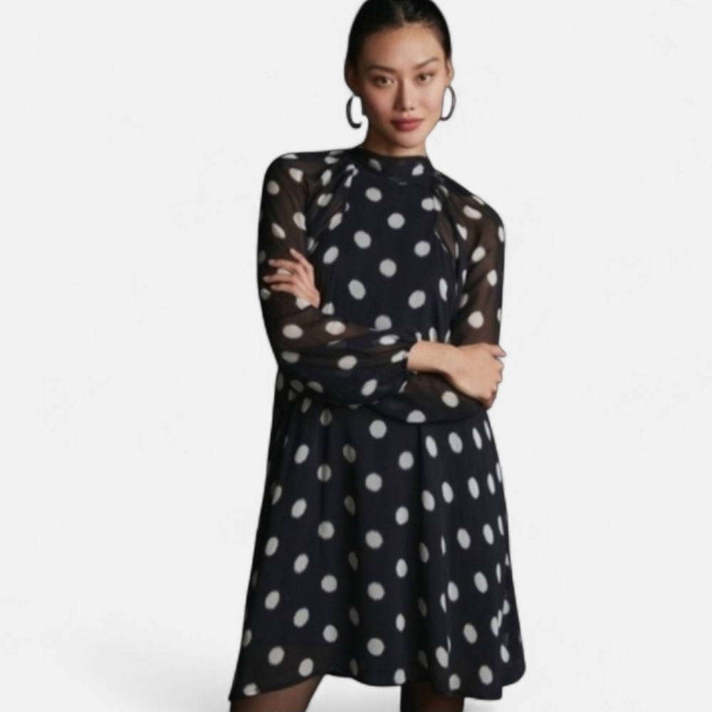NWT Anthropologie × Maeve Polka Dot Long Sheer Sleeve Mini Dress Tie Back SM - Picture 4 of 16